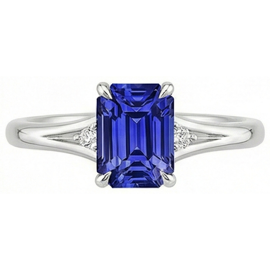Bague de Fiançailles 3 Pierres Emeraude Ceylan Saphir & Diamant Naturels Extraits des Mines ( et non cultivés en laboratoire ) 3.25 Carats