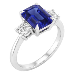 Bague de Fiançailles 3 Pierres Saphir Bleu Émeraude & Diamant Naturels Extraits des Mines ( et non cultivés en laboratoire ) 3.50 Carats
