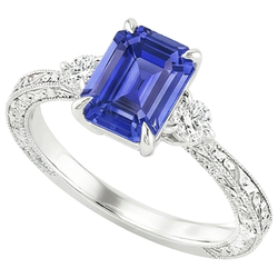 Bague de Fiançailles 3 Pierres Saphir Bleu Emeraude & Diamant Naturels Extraits des Mines ( et non cultivés en laboratoire ) 3.50 Carats