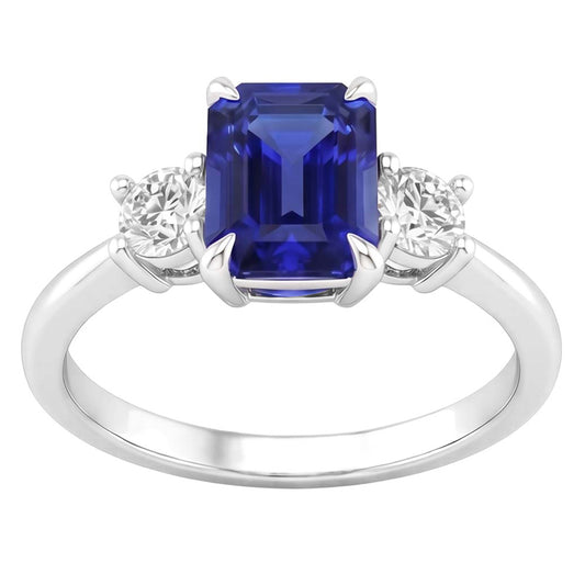 Bague de Fiançailles 3 Pierres Saphir Bleu Émeraude & Diamant Naturels Extraits des Mines ( et non cultivés en laboratoire ) 3.50 Carats