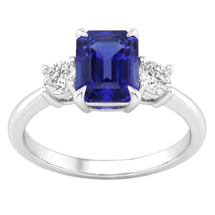Bague de Fiançailles 3 Pierres Saphir Bleu Émeraude & Diamant Naturels Extraits des Mines ( et non cultivés en laboratoire ) 3.50 Carats