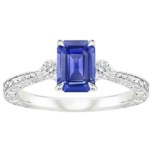 Bague de Fiançailles 3 Pierres Saphir Bleu Emeraude & Diamant Naturels Extraits des Mines ( et non cultivés en laboratoire ) 3.50 Carats