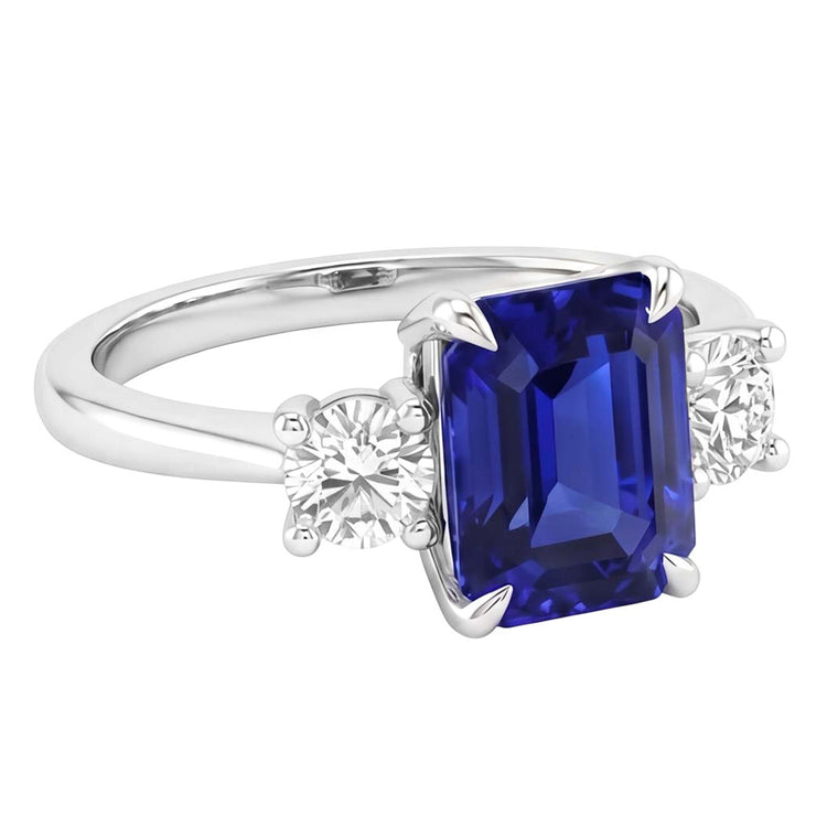 Bague de Fiançailles 3 Pierres Saphir Bleu Émeraude & Diamant Naturels Extraits des Mines ( et non cultivés en laboratoire ) 3.50 Carats
