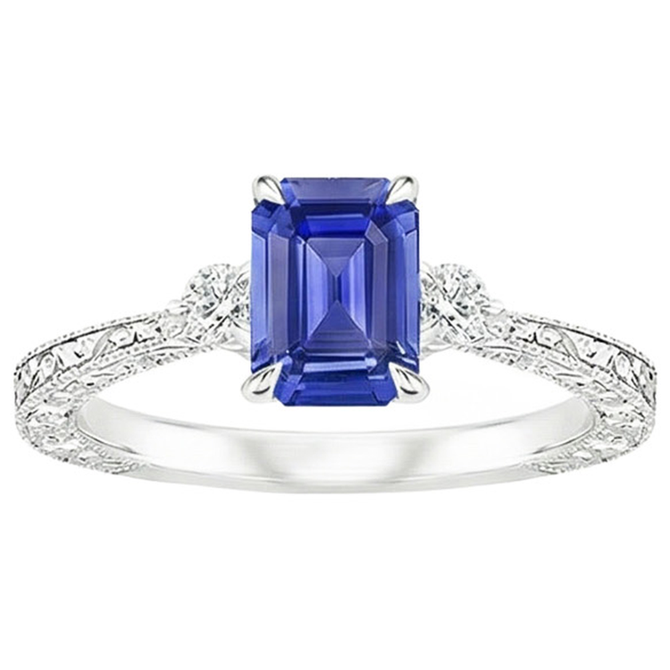 Bague de Fiançailles 3 Pierres Saphir Bleu Emeraude & Diamant Naturels Extraits des Mines ( et non cultivés en laboratoire ) 3.50 Carats