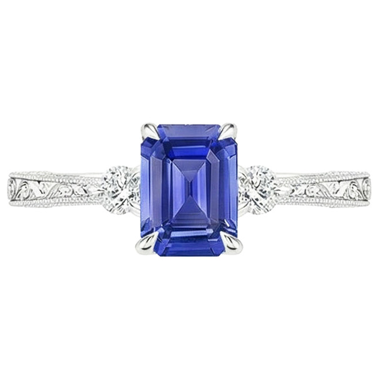 Bague de Fiançailles 3 Pierres Saphir Bleu Emeraude & Diamant Naturels Extraits des Mines ( et non cultivés en laboratoire ) 3.50 Carats