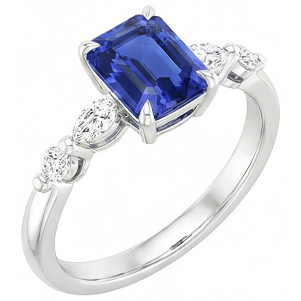 Bague de Fiançailles 5 Pierres Radiant Saphir Ceylan & Diamant Naturels Extraits des Mines ( et non cultivés en laboratoire ) 4 Carats