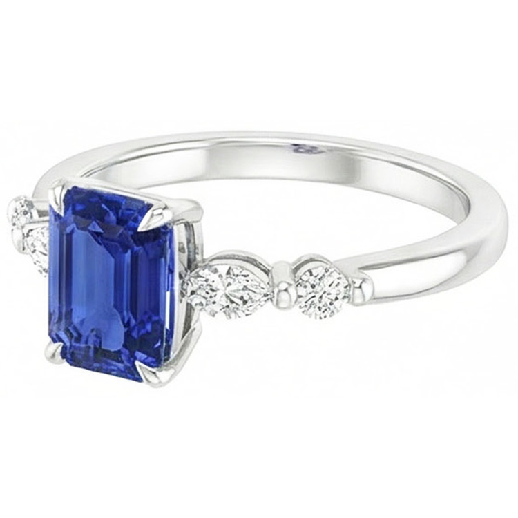 Bague de Fiançailles 5 Pierres Radiant Saphir Ceylan & Diamant Naturels Extraits des Mines ( et non cultivés en laboratoire ) 4 Carats