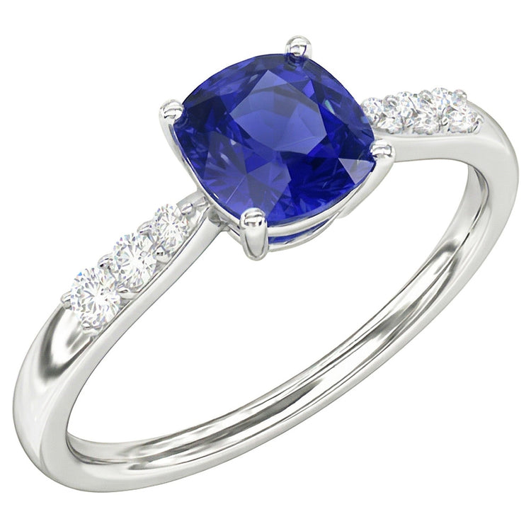 Bague de Fiançailles Coussin Diamant Saphir Bleu Or Blanc 2 Carats