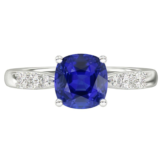 Bague de Fiançailles Coussin Diamant Saphir Bleu Or Blanc 2 Carats