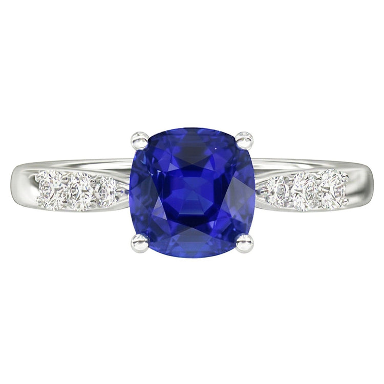 Bague de Fiançailles Coussin Diamant Saphir Bleu Or Blanc 2 Carats