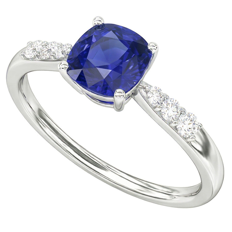 Bague de Fiançailles Coussin Diamant Saphir Bleu Or Blanc 2 Carats