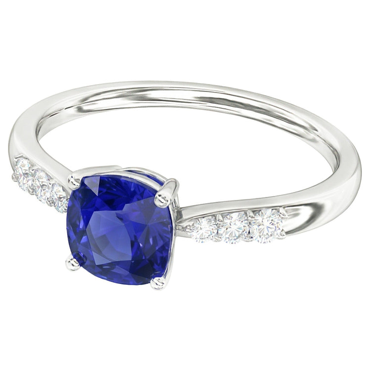 Bague de Fiançailles Coussin Diamant Saphir Bleu Or Blanc 2 Carats