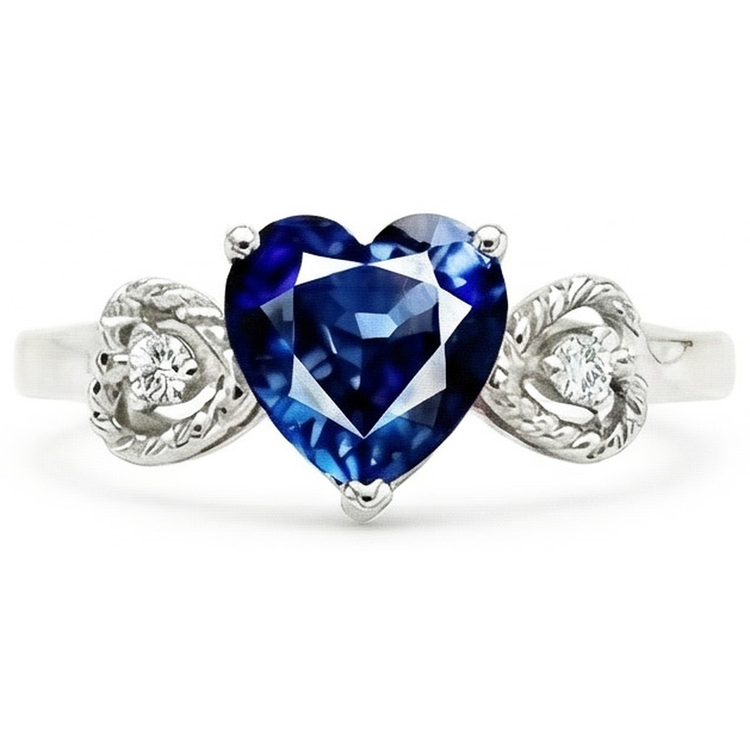 Bague de Fiançailles Diamant 3 Pierres Coeur Saphir Bleu 2.25 Carats