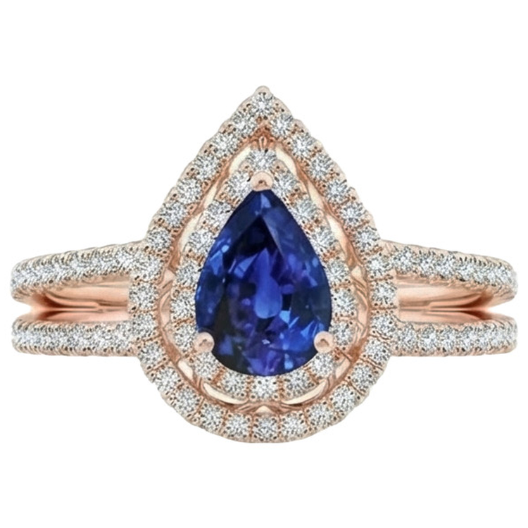 Bague de Fiançailles Diamant Naturels Extraits des Mines ( et non cultivés en laboratoire ) Double Halo Poire Saphir Bleu 5.75 Carats
