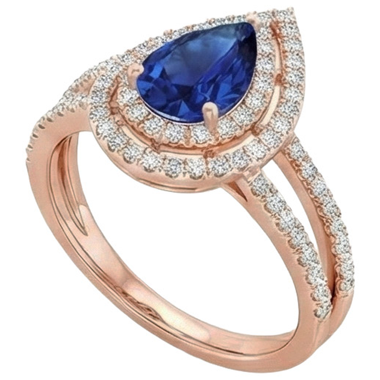 Bague de Fiançailles Diamant Naturels Extraits des Mines ( et non cultivés en laboratoire ) Double Halo Poire Saphir Bleu 5.75 Carats