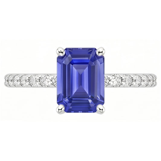 Bague de Fiançailles Diamant Naturels Extraits des Mines ( et non cultivés en laboratoire ) & Saphir Bleu Émeraude 4.25 Carats