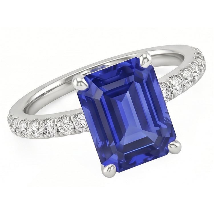 Bague de Fiançailles Diamant Naturels Extraits des Mines ( et non cultivés en laboratoire ) & Saphir Bleu Émeraude 4.25 Carats