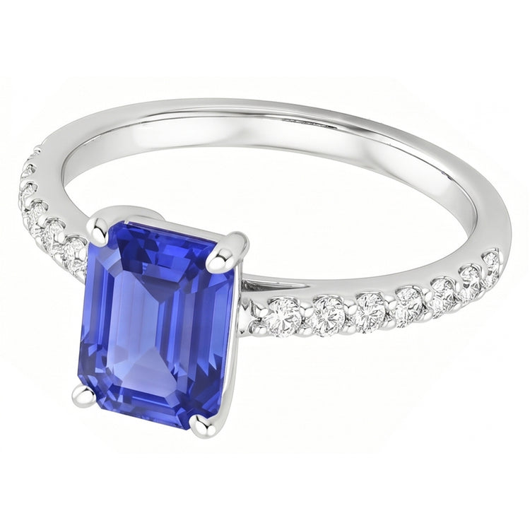Bague de Fiançailles Diamant Naturels Extraits des Mines ( et non cultivés en laboratoire ) & Saphir Bleu Émeraude 4.25 Carats