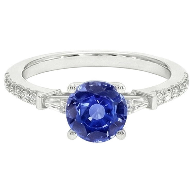 Bague de Fiançailles Diamant Naturels Extraits des Mines ( et non cultivés en laboratoire ) Or Saphir Bleu Avec Baguettes 3 Carats