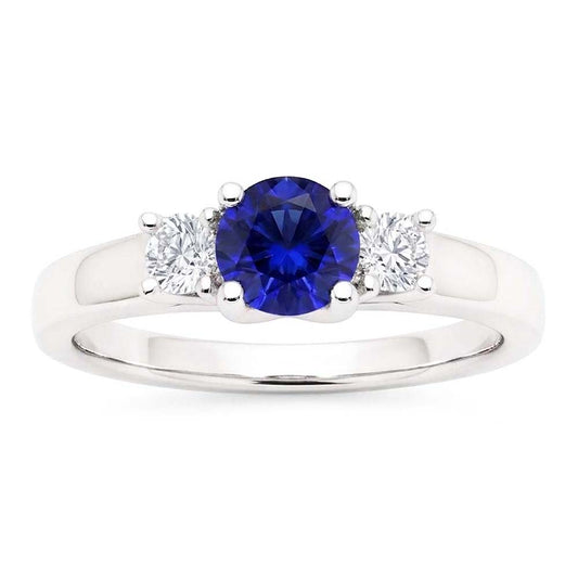 Bague de Fiançailles Diamant Rond Femme 2 Carats Saphir Bleu Or 14K