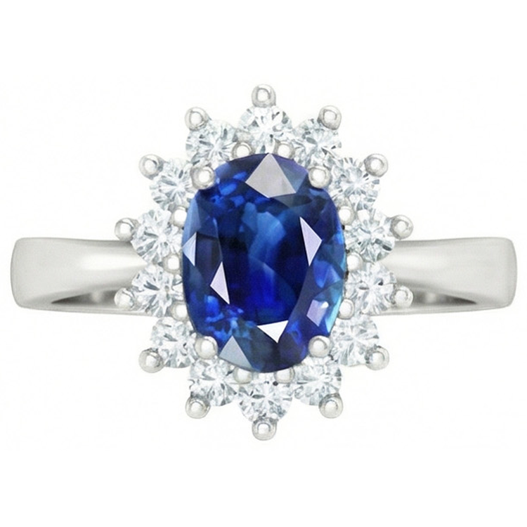 Bague de Fiançailles Diamant Naturels Extraits des Mines ( et non cultivés en laboratoire ) Saphir Bleu Sri Lanka 2.60 Ct Or Blanc 14K