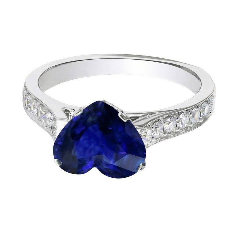 Bague de Fiançailles Diamant Saphir Ceylan Coeur Or 4 Carats
