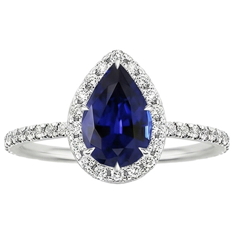 Bague de Fiançailles Diamant Naturels Extraits des Mines ( et non cultivés en laboratoire ) Style Larme Poire Saphir Bleu 6.20 Carats