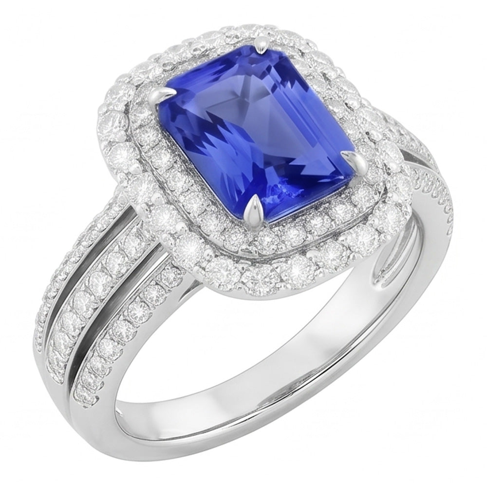 Bague de Fiançailles Double Halo Radiant Saphir 6 Carats Diamants