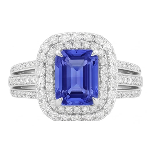 Bague de Fiançailles Double Halo Radiant Saphir 6 Carats Diamants