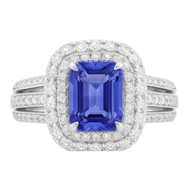Bague de Fiançailles Double Halo Radiant Saphir 6 Carats Diamants