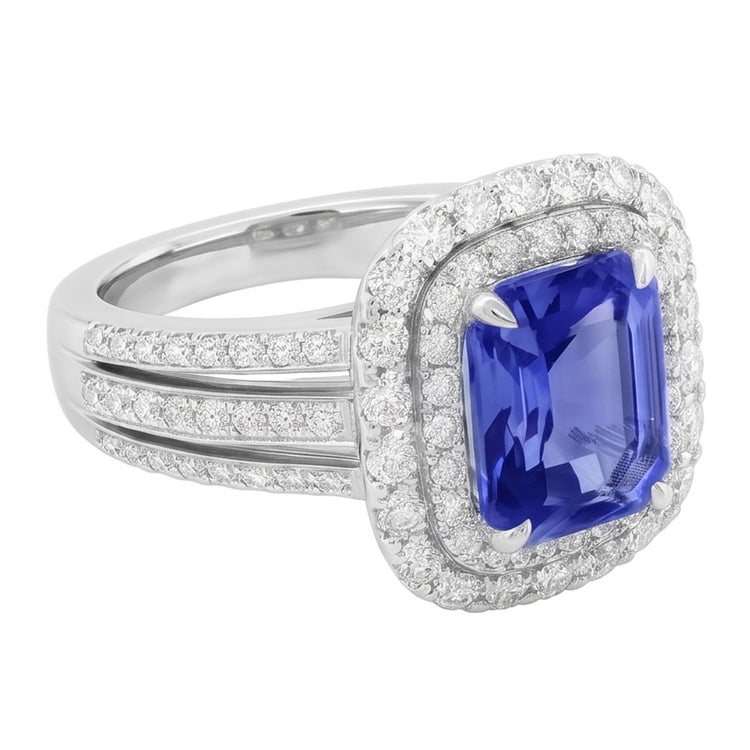 Bague de Fiançailles Double Halo Radiant Saphir 6 Carats Diamants
