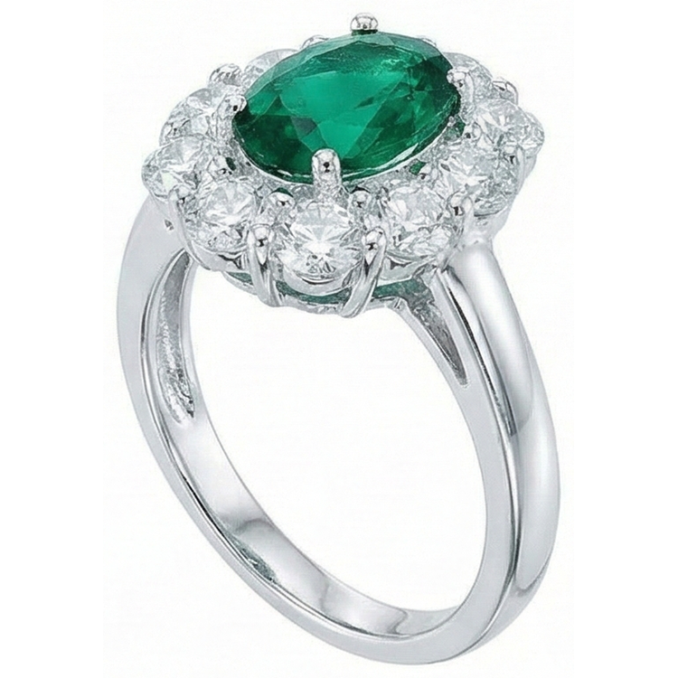 Bague de Fiançailles Emeraude Vert Taille Ovale Diamant Naturels Extraits des Mines ( et non cultivés en laboratoire ) Or Blanc 14K 6.5 Carats