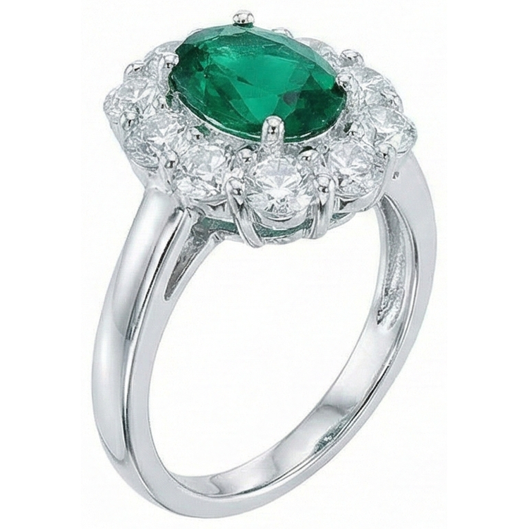 Bague de Fiançailles Emeraude Vert Taille Ovale Diamant Naturels Extraits des Mines ( et non cultivés en laboratoire ) Or Blanc 14K 6.5 Carats