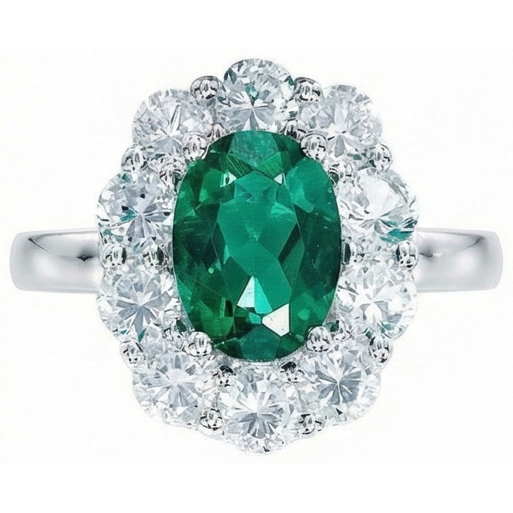 Bague de Fiançailles Emeraude Vert Taille Ovale Diamant Naturels Extraits des Mines ( et non cultivés en laboratoire ) Or Blanc 14K 6.5 Carats
