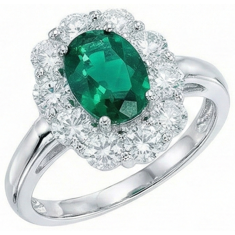 Bague de Fiançailles Emeraude Vert Taille Ovale Diamant Naturels Extraits des Mines ( et non cultivés en laboratoire ) Or Blanc 14K 6.5 Carats