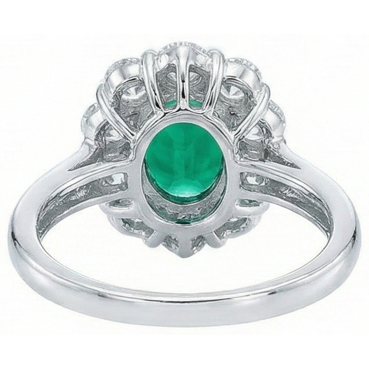 Bague de Fiançailles Emeraude Vert Taille Ovale Diamant Naturels Extraits des Mines ( et non cultivés en laboratoire ) Or Blanc 14K 6.5 Carats