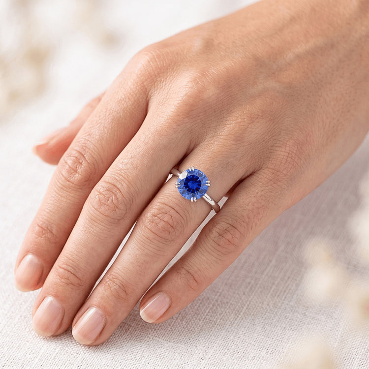Bague de Fiançailles Femme 2 Carats Neuve Or Blanc Solitaire Saphir Bleu