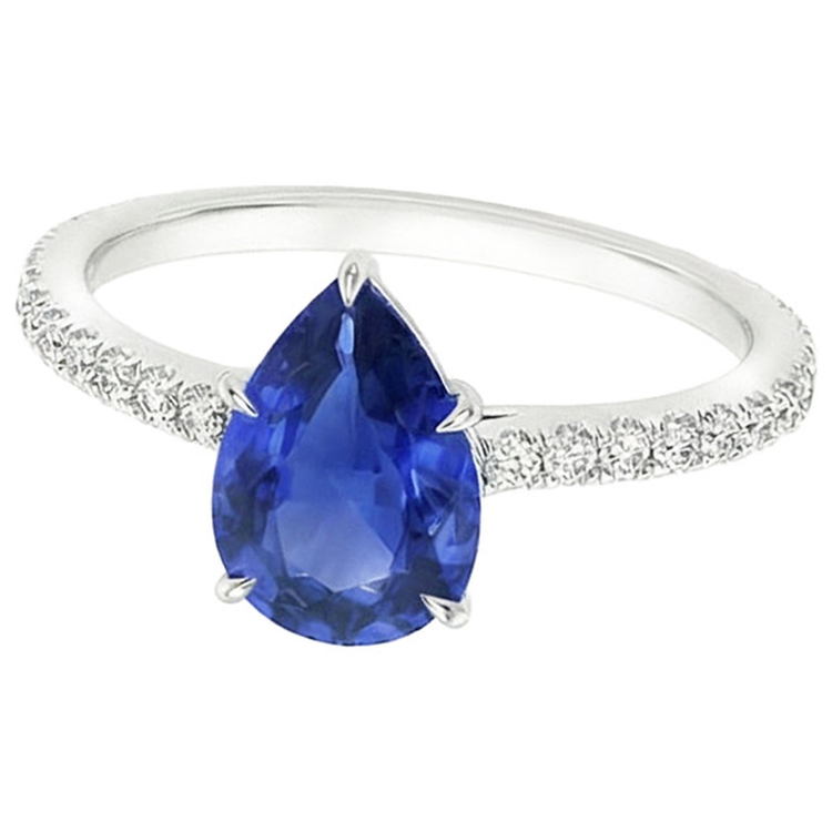 Bague de Fiançailles Femme Poire Saphir Bleu & Pavé de Diamants Naturels Extraits des Mines ( et non cultivés en laboratoire ) 4 Carats