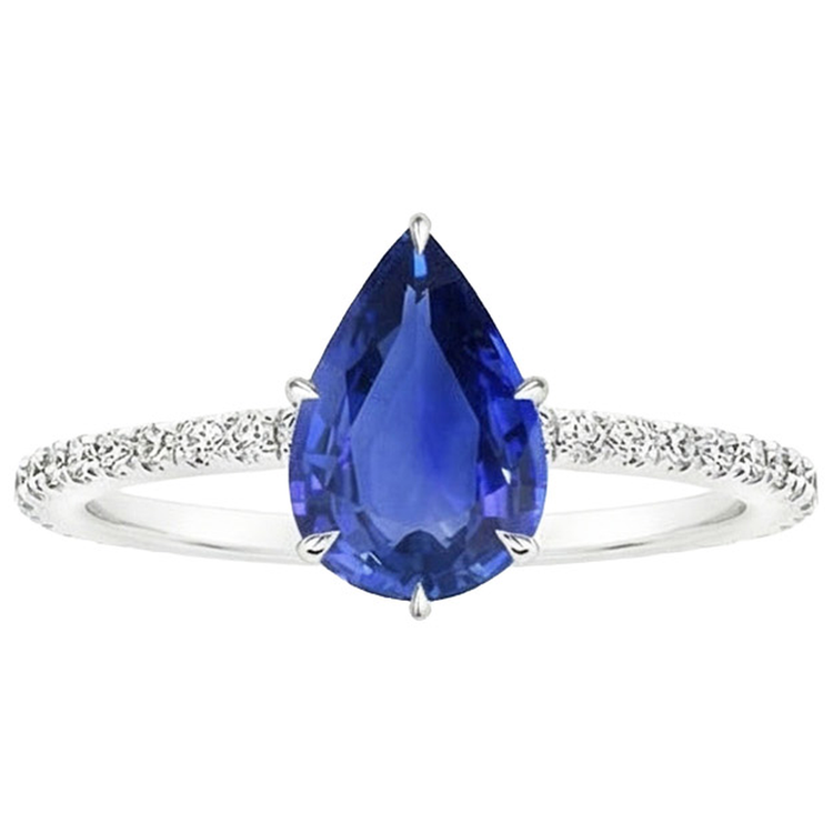 Bague de Fiançailles Femme Poire Saphir Bleu & Pavé de Diamants Naturels Extraits des Mines ( et non cultivés en laboratoire ) 4 Carats