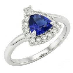 Bague de Fiançailles Halo Diamant Trillion Saphir Bleu Profond 2 Carats
