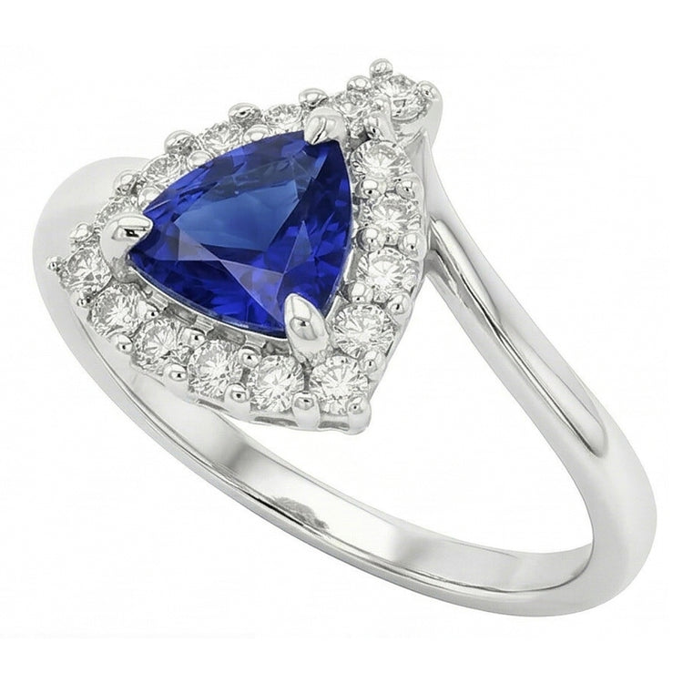 Bague de Fiançailles Halo Diamant Trillion Saphir Bleu Profond 2 Carats