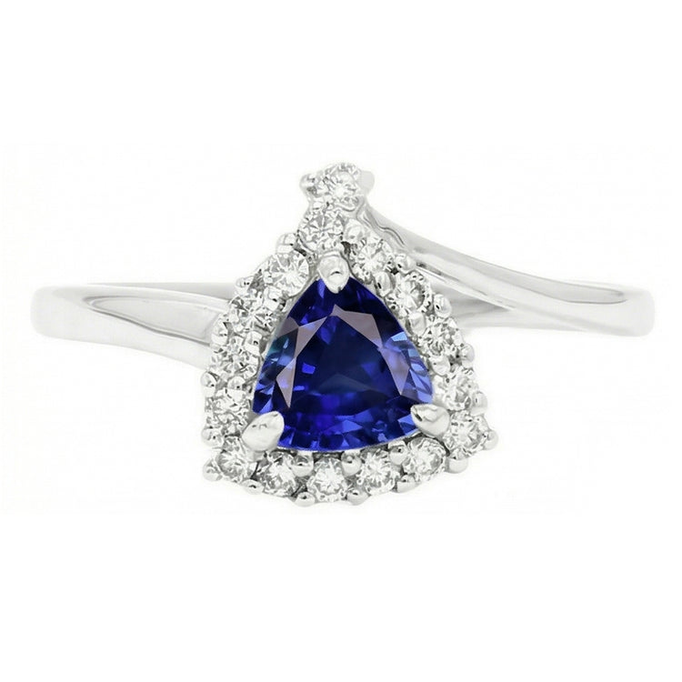 Bague de Fiançailles Halo Diamant Trillion Saphir Bleu Profond 2 Carats