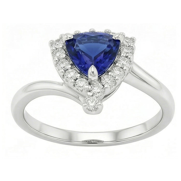 Bague de Fiançailles Halo Diamant Trillion Saphir Bleu Profond 2 Carats
