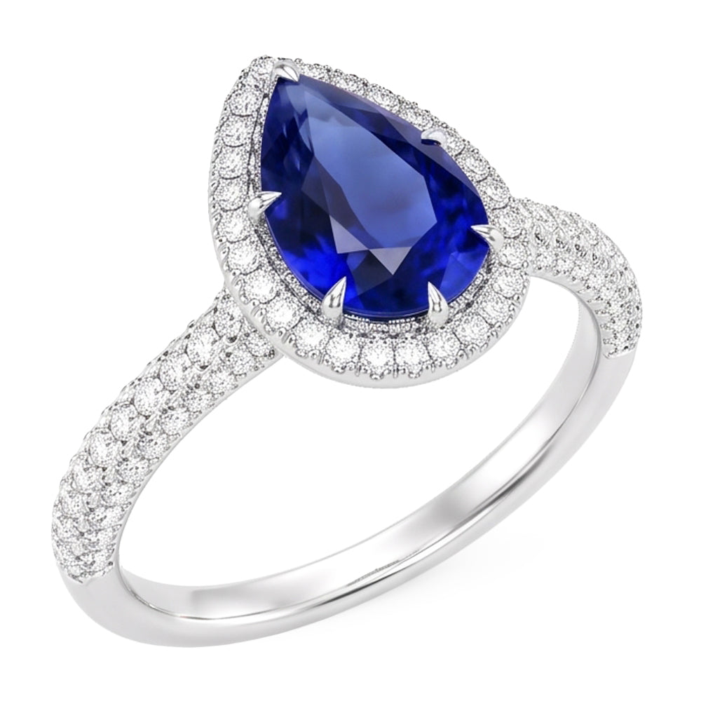 Bague de Fiançailles Halo Poire Saphir Bleu & Diamants Naturels Extraits des Mines ( et non cultivés en laboratoire ) 5.50 Carats