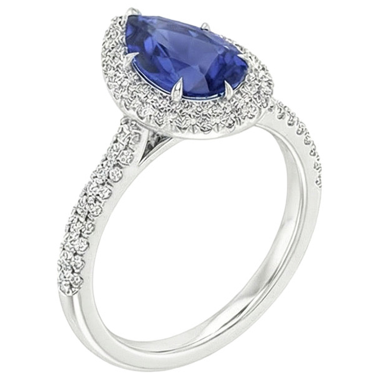 Bague de Fiançailles Halo Poire Saphir Bleu & Diamants Naturels Extraits des Mines ( et non cultivés en laboratoire ) 5.50 Carats