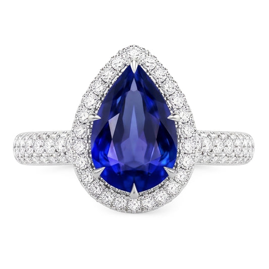 Bague de Fiançailles Halo Poire Saphir Bleu & Diamants Naturels Extraits des Mines ( et non cultivés en laboratoire ) 5.50 Carats