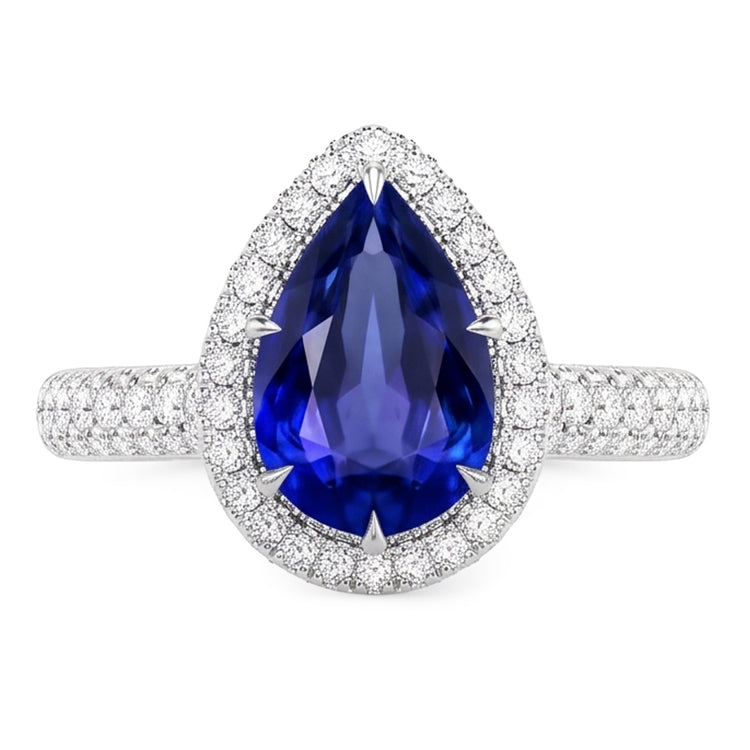 Bague de Fiançailles Halo Poire Saphir Bleu & Diamants Naturels Extraits des Mines ( et non cultivés en laboratoire ) 5.50 Carats