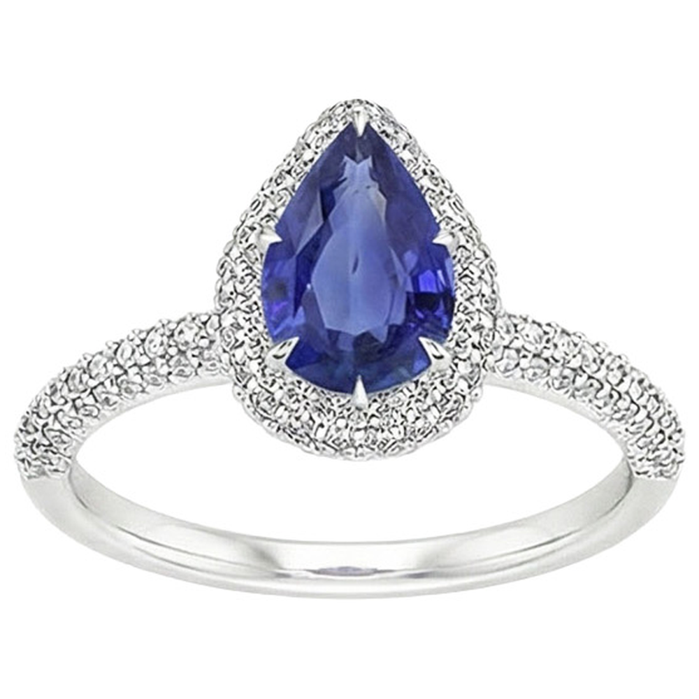 Bague de Fiançailles Halo Poire Saphir Bleu & Diamants Naturels Extraits des Mines ( et non cultivés en laboratoire ) 5.50 Carats