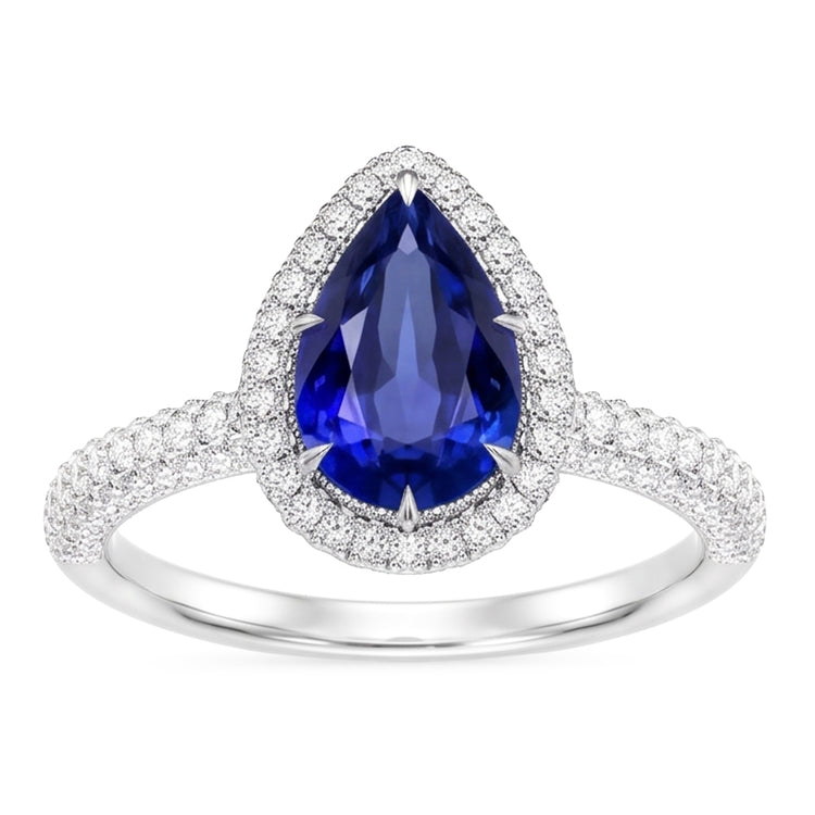 Bague de Fiançailles Halo Poire Saphir Bleu & Diamants Naturels Extraits des Mines ( et non cultivés en laboratoire ) 5.50 Carats