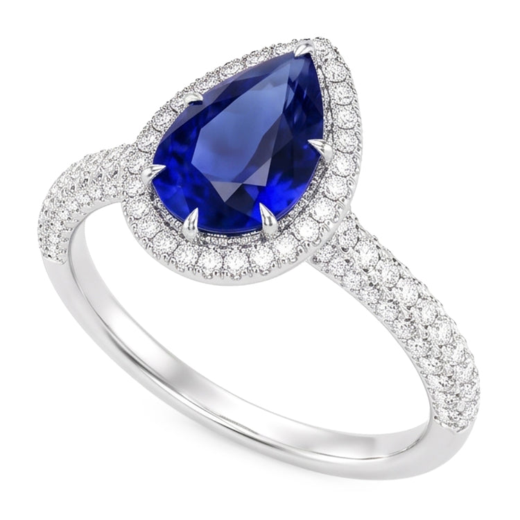Bague de Fiançailles Halo Poire Saphir Bleu & Diamants Naturels Extraits des Mines ( et non cultivés en laboratoire ) 5.50 Carats